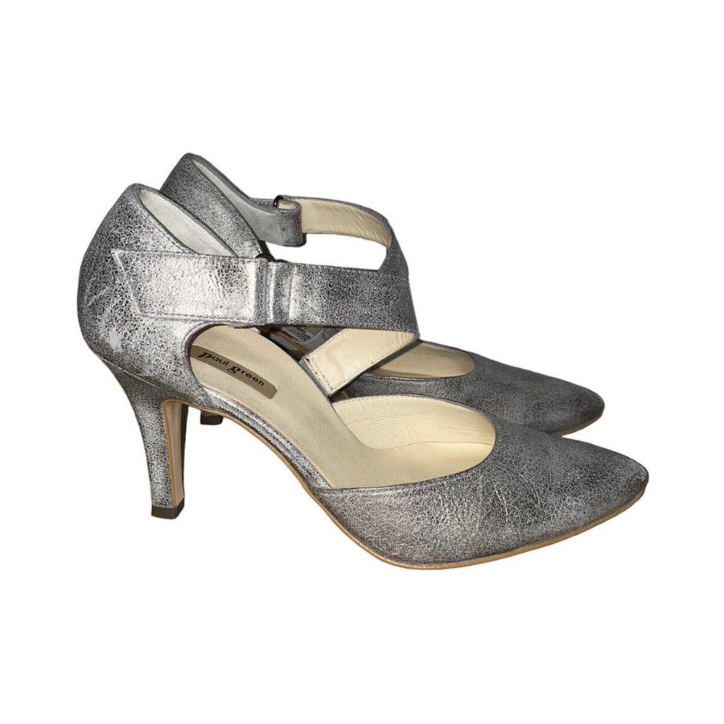 Paul Green Pump W/Cross Strap-Metallic Leather Heels 6.5 Us 6 1/2